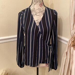 Express Navy and White Striped Wrap Blouse